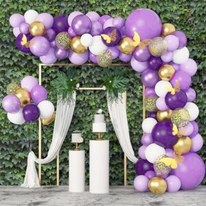 ouddy party purple balloons garland arch kit,152pcs light pastel purple gold balloon confetti metallic balloons for baby shower wedding mothers day purple butterfly birthday party decorations supplies
