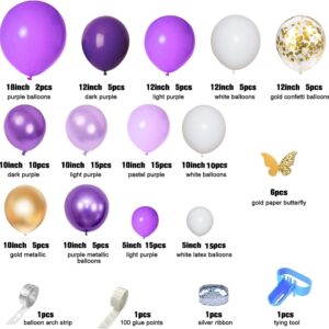 Ouddy Party Purple Balloons Garland Arch Kit,152Pcs Light Pastel Purple Gold Balloon Confetti Metallic Balloons for Baby Shower Wedding Mothers Day Purple Butterfly Birthday Party Decorations Supplies