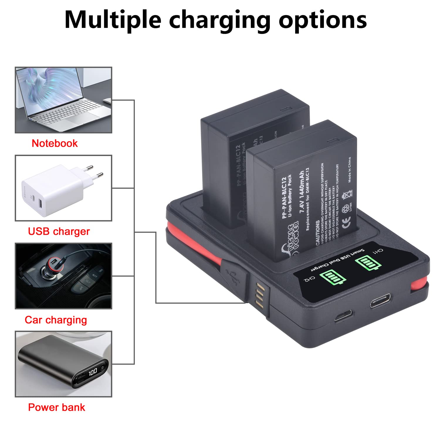 Pickle Power DMW-BLC12 DMW-BLC12E DMW-BLC12PP Battery and Charger Set for Panasonic Lumix DMC-FZ1000 DMC-FZ200 DMC-FZ2500 DMC-G6 DMC-G7 DMC-G5 DMC-GX8 DMC-G85 DMC-GH2