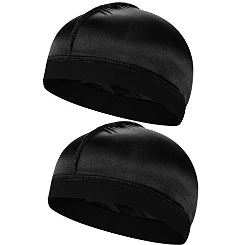 2pcs Silky Stocking Wave Cap, Satin Doo Rags Compression Cap for Men, for 360 540 720 Waves, Regular Style (2pc Black)