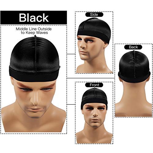 2pcs Silky Stocking Wave Cap, Satin Doo Rags Compression Cap for Men, for 360 540 720 Waves, Regular Style (2pc Black)