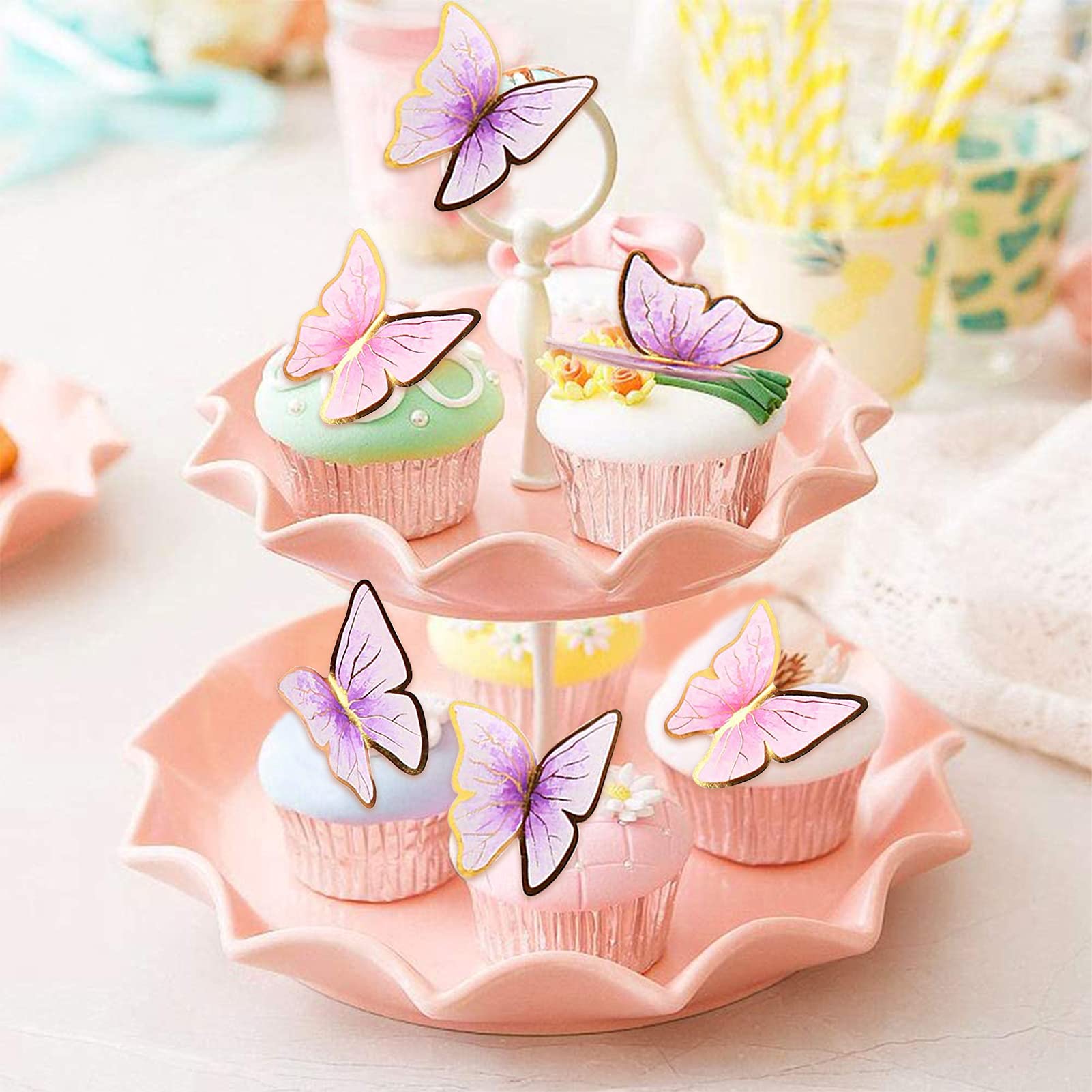 66 Pcs Butterfly Cupcake Toppers Birthday Party Decor,Pink Gold Cake Topper Picks Decor for Girls Women Wedding Birthday Party Baby Shower Party Wall Decoration