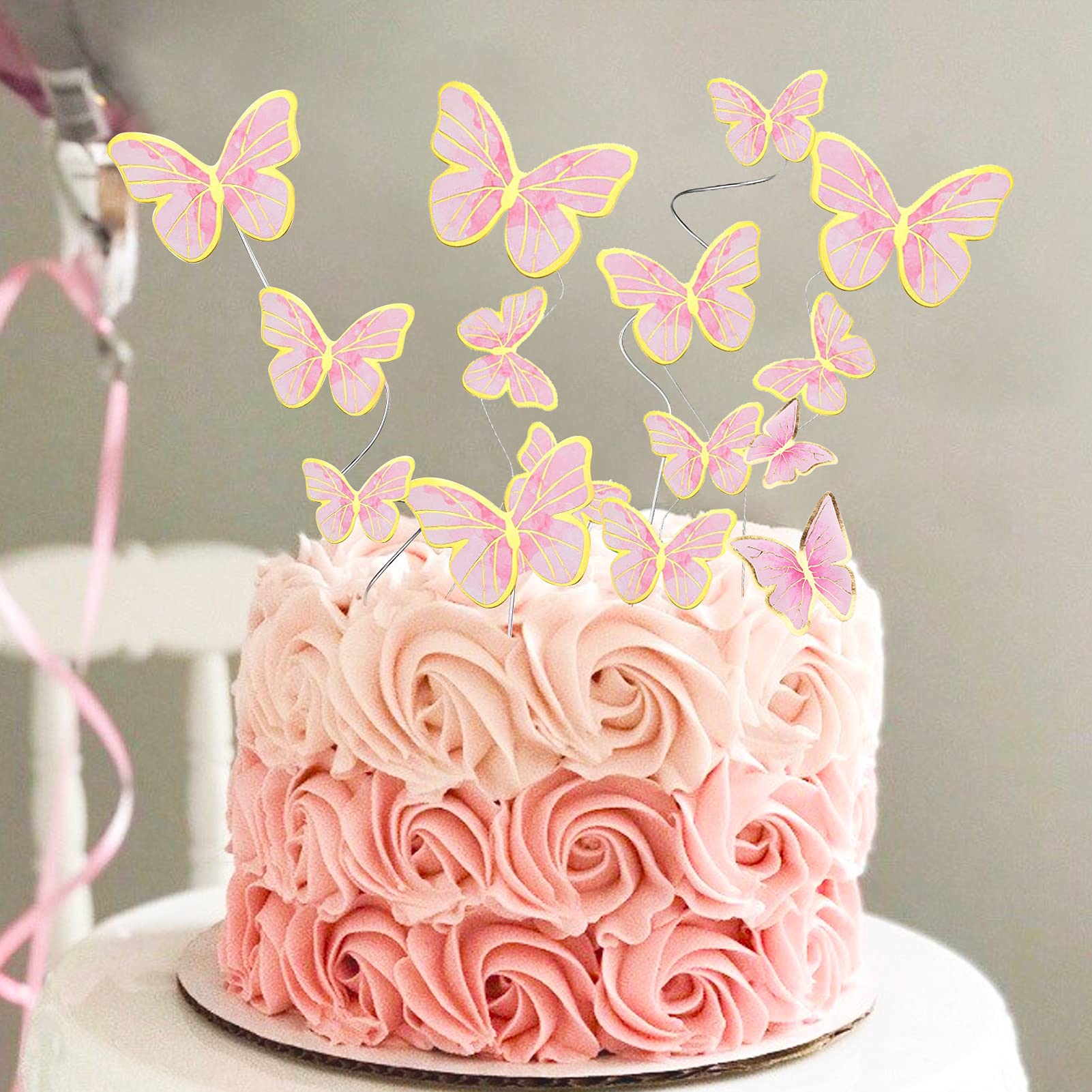 66 Pcs Butterfly Cupcake Toppers Birthday Party Decor,Pink Gold Cake Topper Picks Decor for Girls Women Wedding Birthday Party Baby Shower Party Wall Decoration