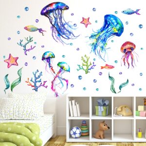 ocean jellyfish wall decal, under the sea fish jellyfish wall stickers, vivid seaweed starfish bubble vinyl decor, removable diy art wall decors mural for kids bedroom, baby nursery, bathroom