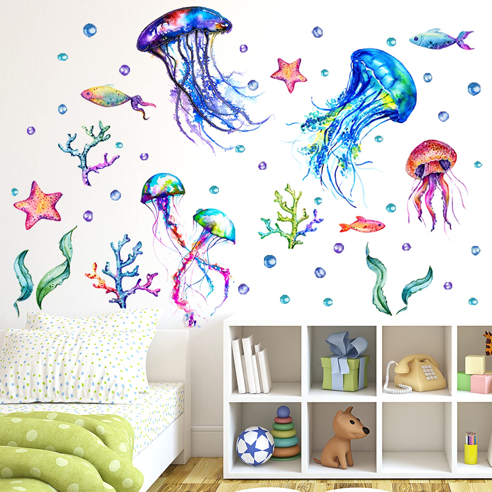 Ocean Jellyfish Wall Decal, Under The Sea Fish Jellyfish Wall Stickers, Vivid Seaweed Starfish Bubble Vinyl Decor, Removable DIY Art Wall Decors Mural for Kids Bedroom, Baby Nursery, Bathroom