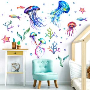 Ocean Jellyfish Wall Decal, Under The Sea Fish Jellyfish Wall Stickers, Vivid Seaweed Starfish Bubble Vinyl Decor, Removable DIY Art Wall Decors Mural for Kids Bedroom, Baby Nursery, Bathroom