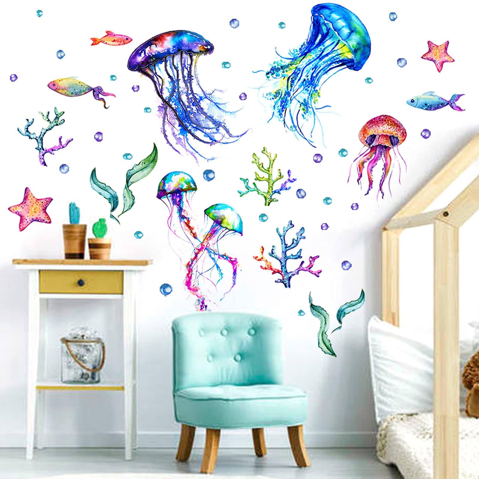 Ocean Jellyfish Wall Decal, Under The Sea Fish Jellyfish Wall Stickers, Vivid Seaweed Starfish Bubble Vinyl Decor, Removable DIY Art Wall Decors Mural for Kids Bedroom, Baby Nursery, Bathroom