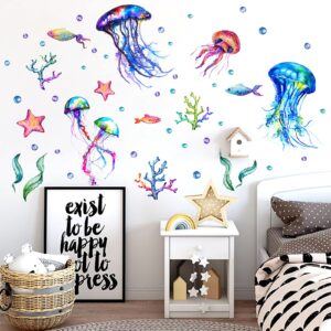 Ocean Jellyfish Wall Decal, Under The Sea Fish Jellyfish Wall Stickers, Vivid Seaweed Starfish Bubble Vinyl Decor, Removable DIY Art Wall Decors Mural for Kids Bedroom, Baby Nursery, Bathroom