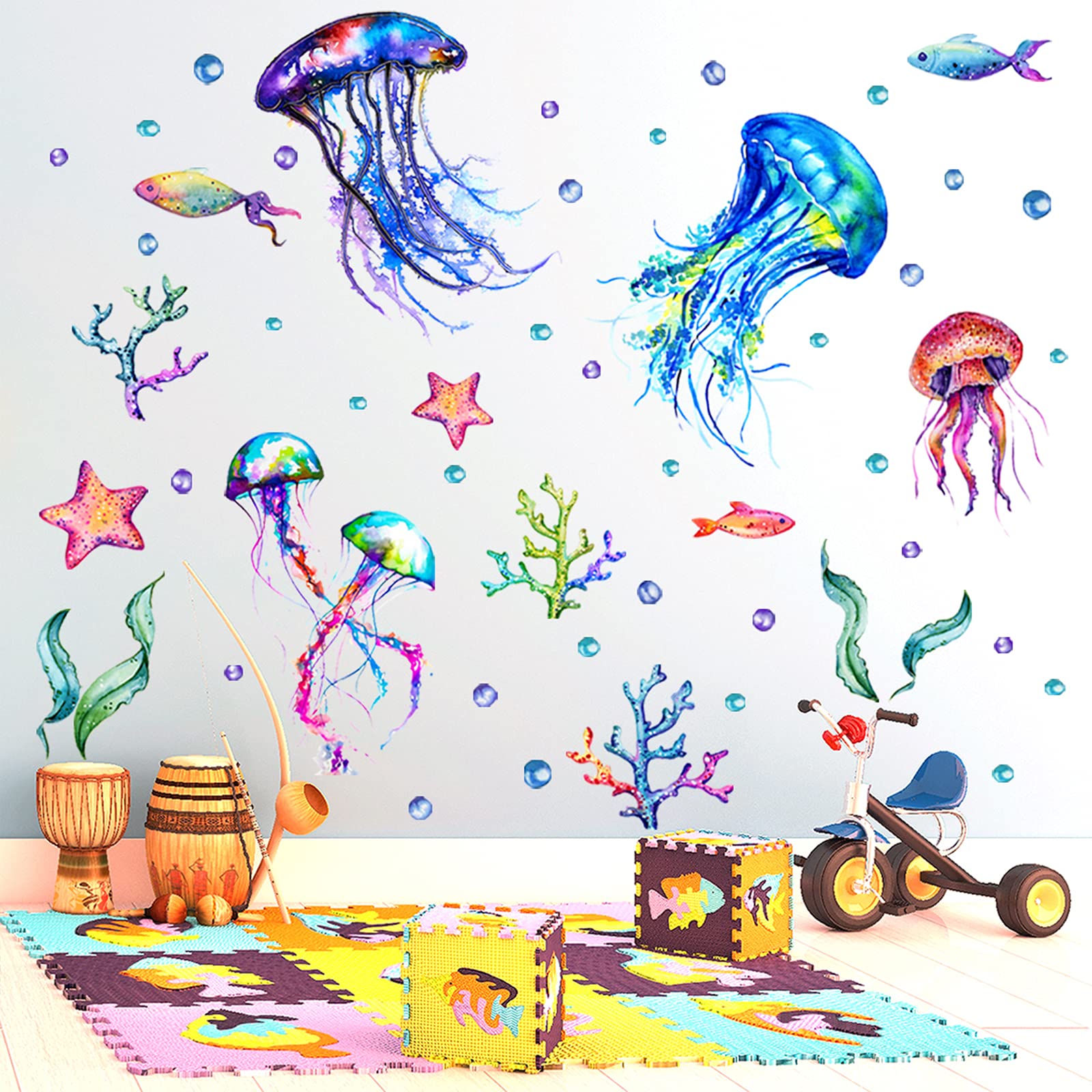 Ocean Jellyfish Wall Decal, Under The Sea Fish Jellyfish Wall Stickers, Vivid Seaweed Starfish Bubble Vinyl Decor, Removable DIY Art Wall Decors Mural for Kids Bedroom, Baby Nursery, Bathroom