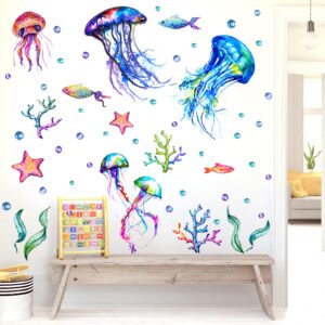 Ocean Jellyfish Wall Decal, Under The Sea Fish Jellyfish Wall Stickers, Vivid Seaweed Starfish Bubble Vinyl Decor, Removable DIY Art Wall Decors Mural for Kids Bedroom, Baby Nursery, Bathroom