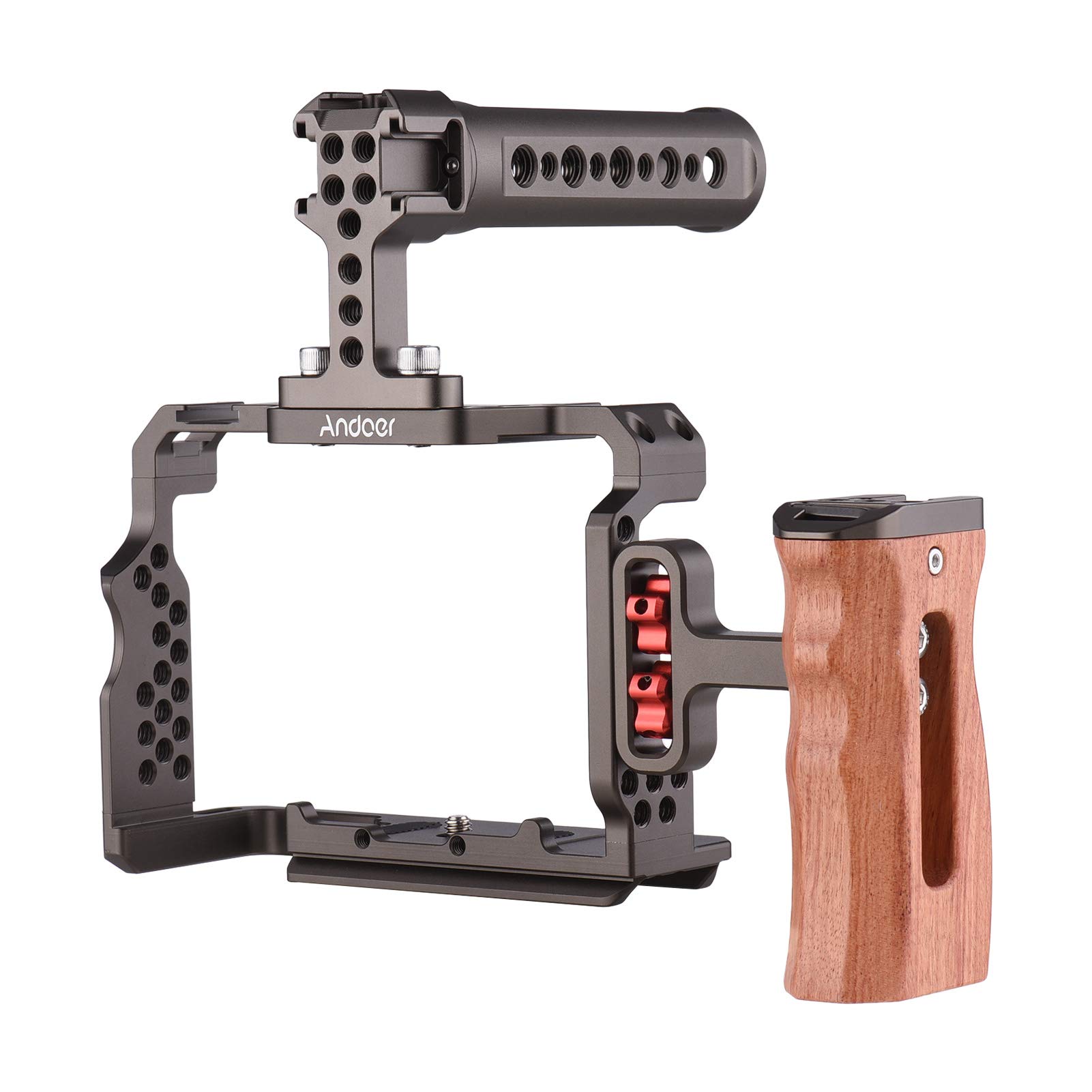 Andoer Aluminum Alloy Camera Cage Kit with Video Rig Top Handle Wooden Grip Replacement for Sony A7R III/ A7 II/ A7III