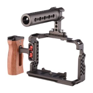 Andoer Aluminum Alloy Camera Cage Kit with Video Rig Top Handle Wooden Grip Replacement for Sony A7R III/ A7 II/ A7III