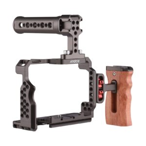 Andoer Aluminum Alloy Camera Cage Kit with Video Rig Top Handle Wooden Grip Replacement for Sony A7R III/ A7 II/ A7III