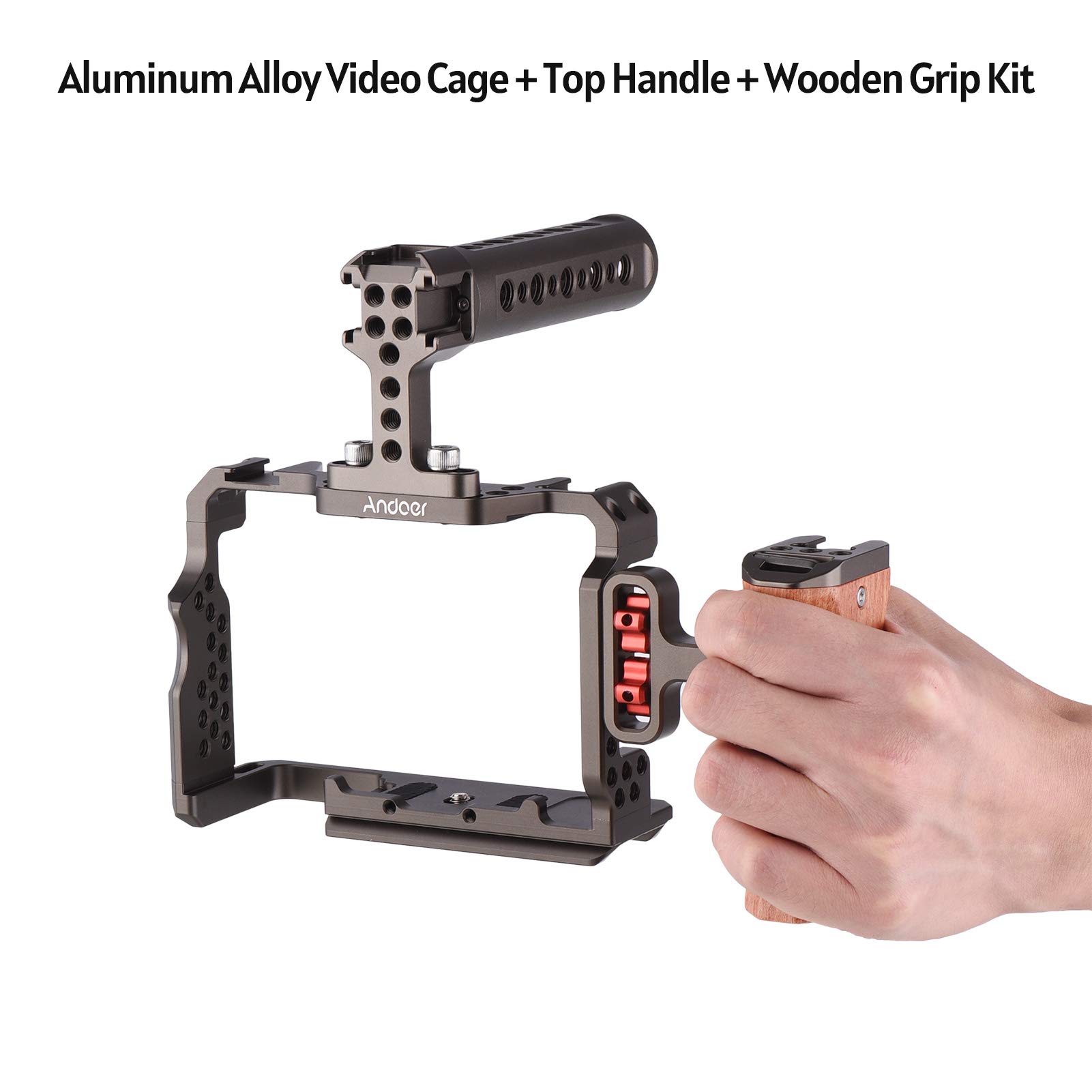 Andoer Aluminum Alloy Camera Cage Kit with Video Rig Top Handle Wooden Grip Replacement for Sony A7R III/ A7 II/ A7III