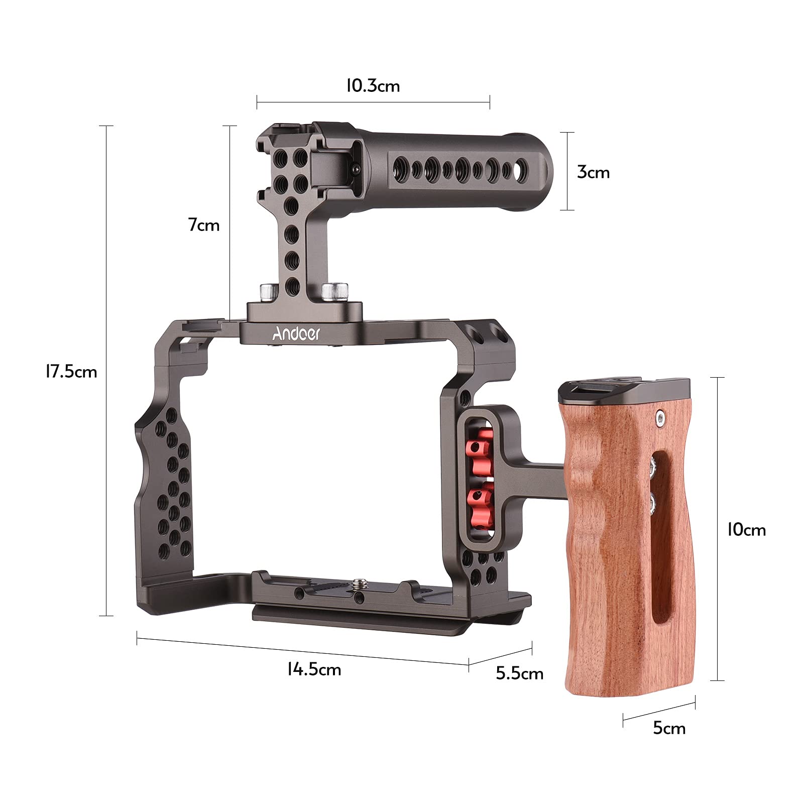 Andoer Aluminum Alloy Camera Cage Kit with Video Rig Top Handle Wooden Grip Replacement for Sony A7R III/ A7 II/ A7III