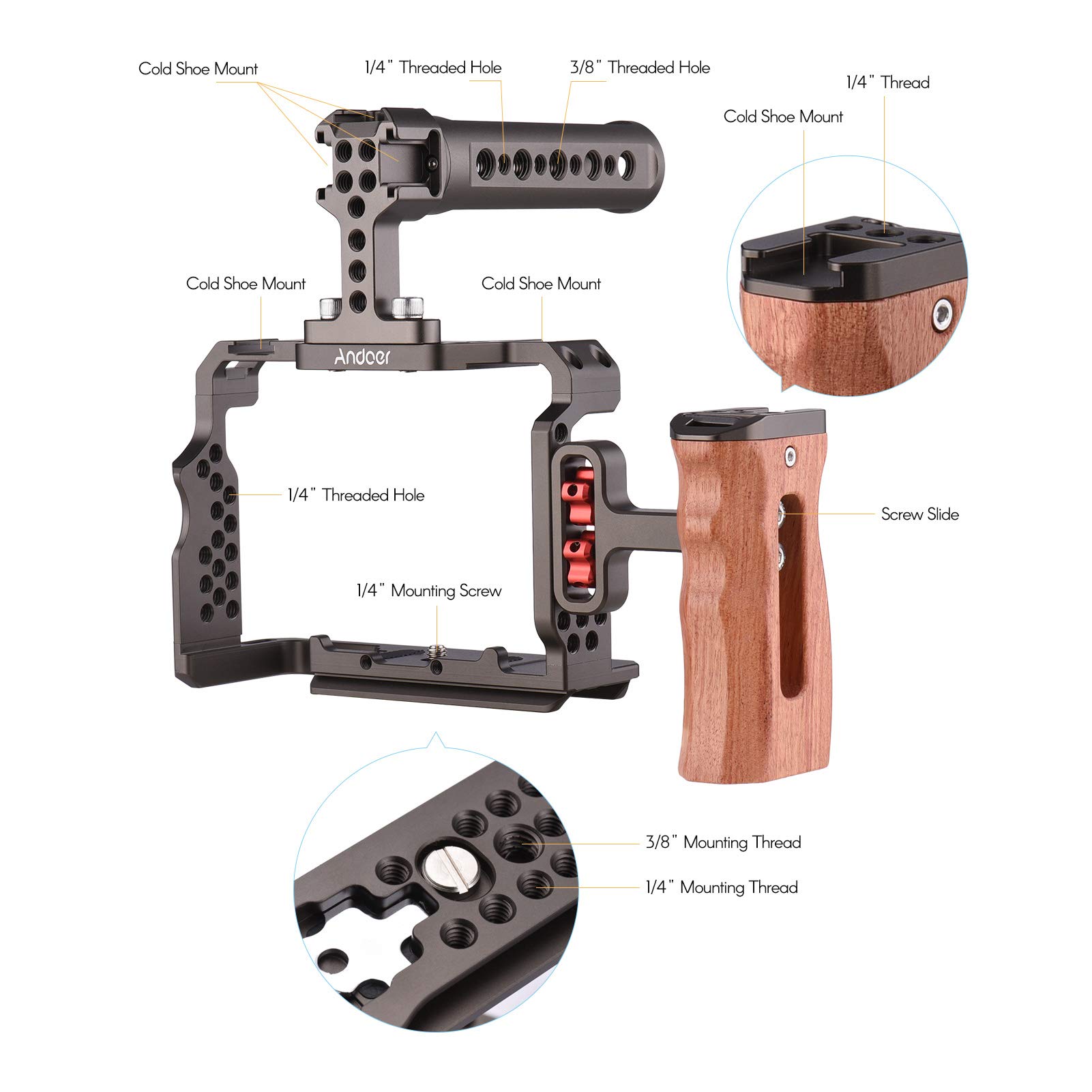 Andoer Aluminum Alloy Camera Cage Kit with Video Rig Top Handle Wooden Grip Replacement for Sony A7R III/ A7 II/ A7III