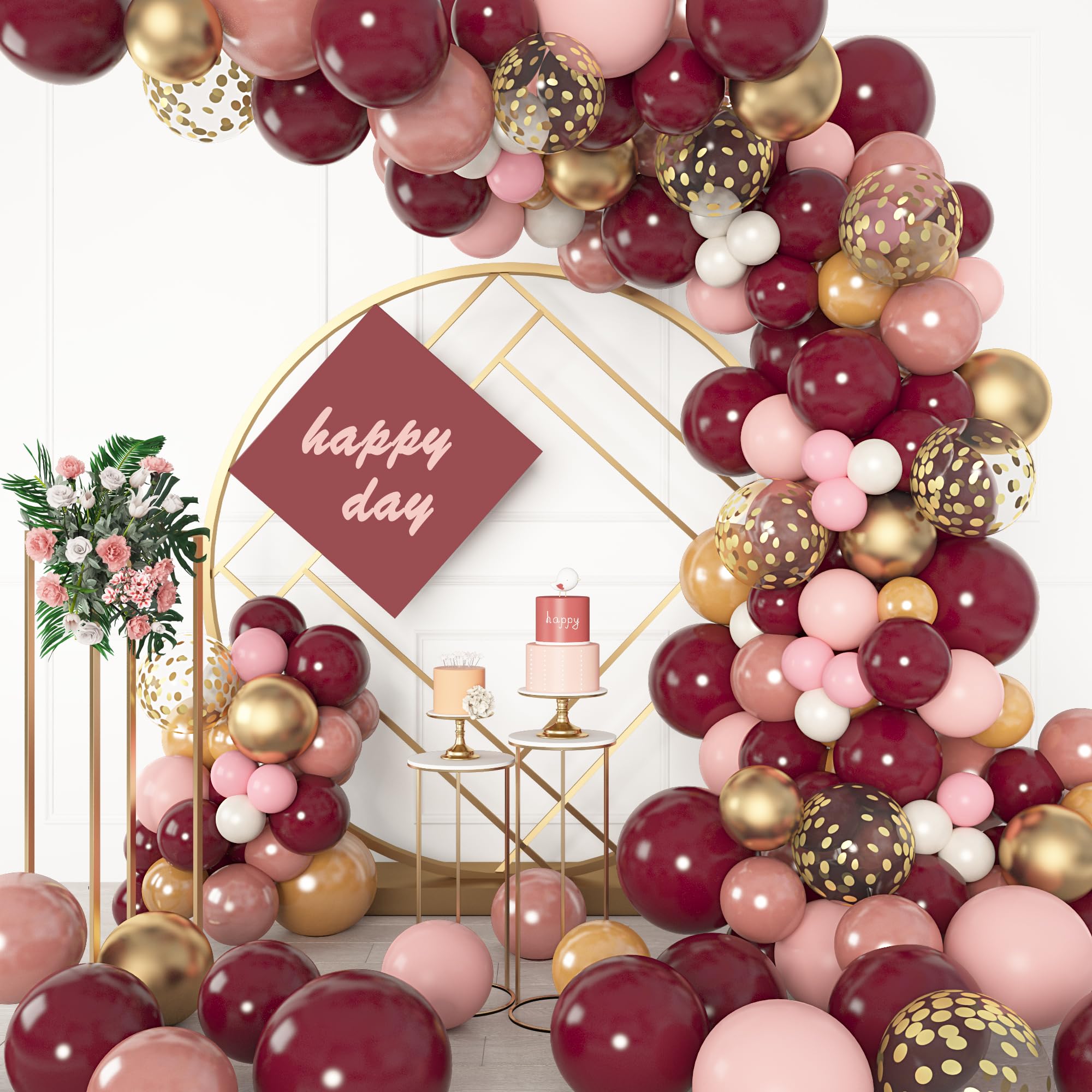 Ouddy Party Burgundy Pink Balloons Garland Arch Kit Rose Gold Champagne Gold Confetti Metallic Balloons for Women Birthday Mothers Day Bridal Shower Bachelorette Wedding Party Decorations with 4 Tools