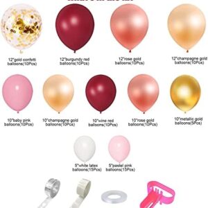 Ouddy Party Burgundy Pink Balloons Garland Arch Kit Rose Gold Champagne Gold Confetti Metallic Balloons for Women Birthday Mothers Day Bridal Shower Bachelorette Wedding Party Decorations with 4 Tools