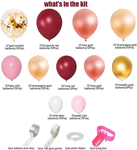 Ouddy Party Burgundy Pink Balloons Garland Arch Kit Rose Gold Champagne Gold Confetti Metallic Balloons for Women Birthday Mothers Day Bridal Shower Bachelorette Wedding Party Decorations with 4 Tools