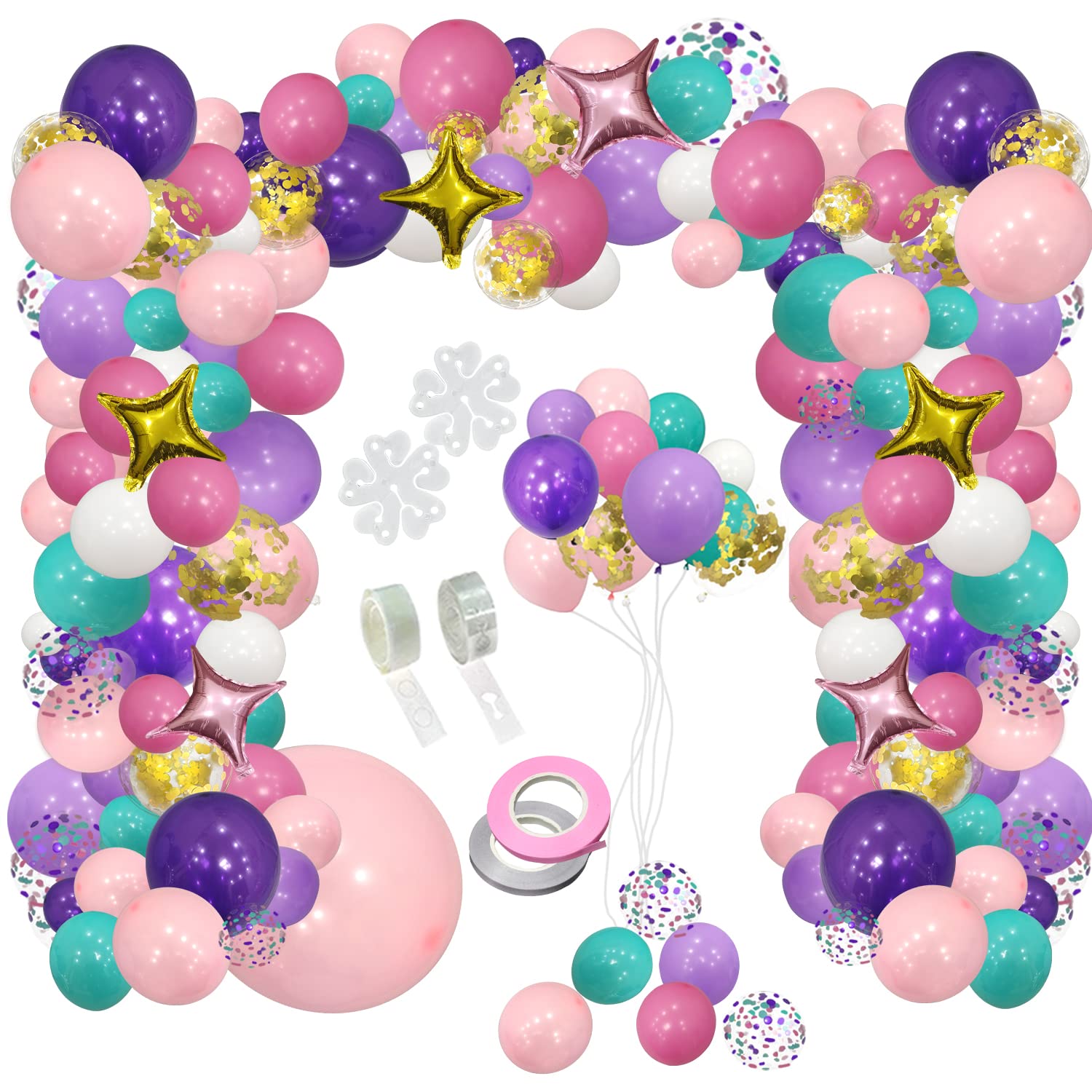 JANEF 151pcs Unicorn Mermaid Balloon Garland Arch Set, Confetti Latex Foil Purple Pink Balloons with 7 Balloon Tools, for Theme Birthday Party Shower Wedding Supplies Decoration