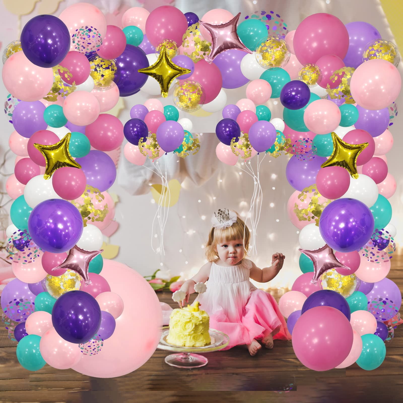 JANEF 151pcs Unicorn Mermaid Balloon Garland Arch Set, Confetti Latex Foil Purple Pink Balloons with 7 Balloon Tools, for Theme Birthday Party Shower Wedding Supplies Decoration