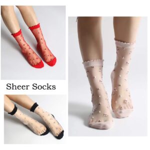 DXYAKY 5 Pairs Women Transparent Sheer Mesh Socks Ultrathin Fishnet See Through Short Anklets Flower Patterned Silk Stockings