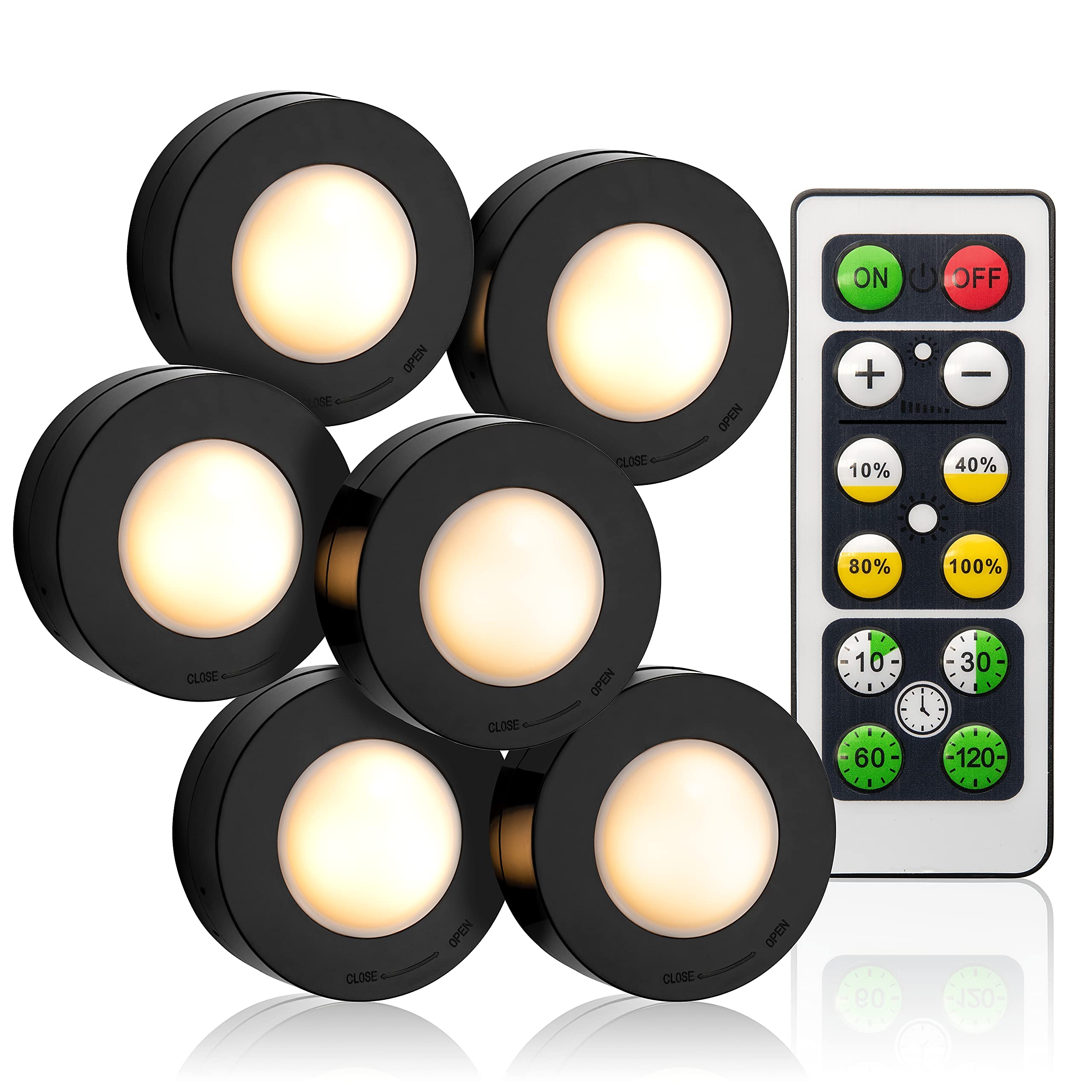 Under Cabinet Lighting (Black) Set of 6 - Wireless Remote Controlled Dimmable Auto-Off LED - 3000K Warm White Battery Operated Lights - Low Profile Puck - Low Power Consumption