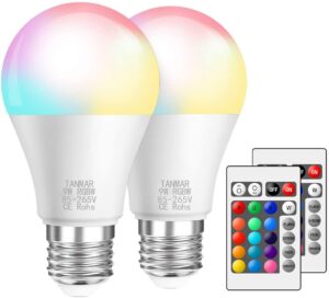 tanmar color changing light bulb,smart bulb [2 pack], e26/e27 9w (85-265v) rgbw led