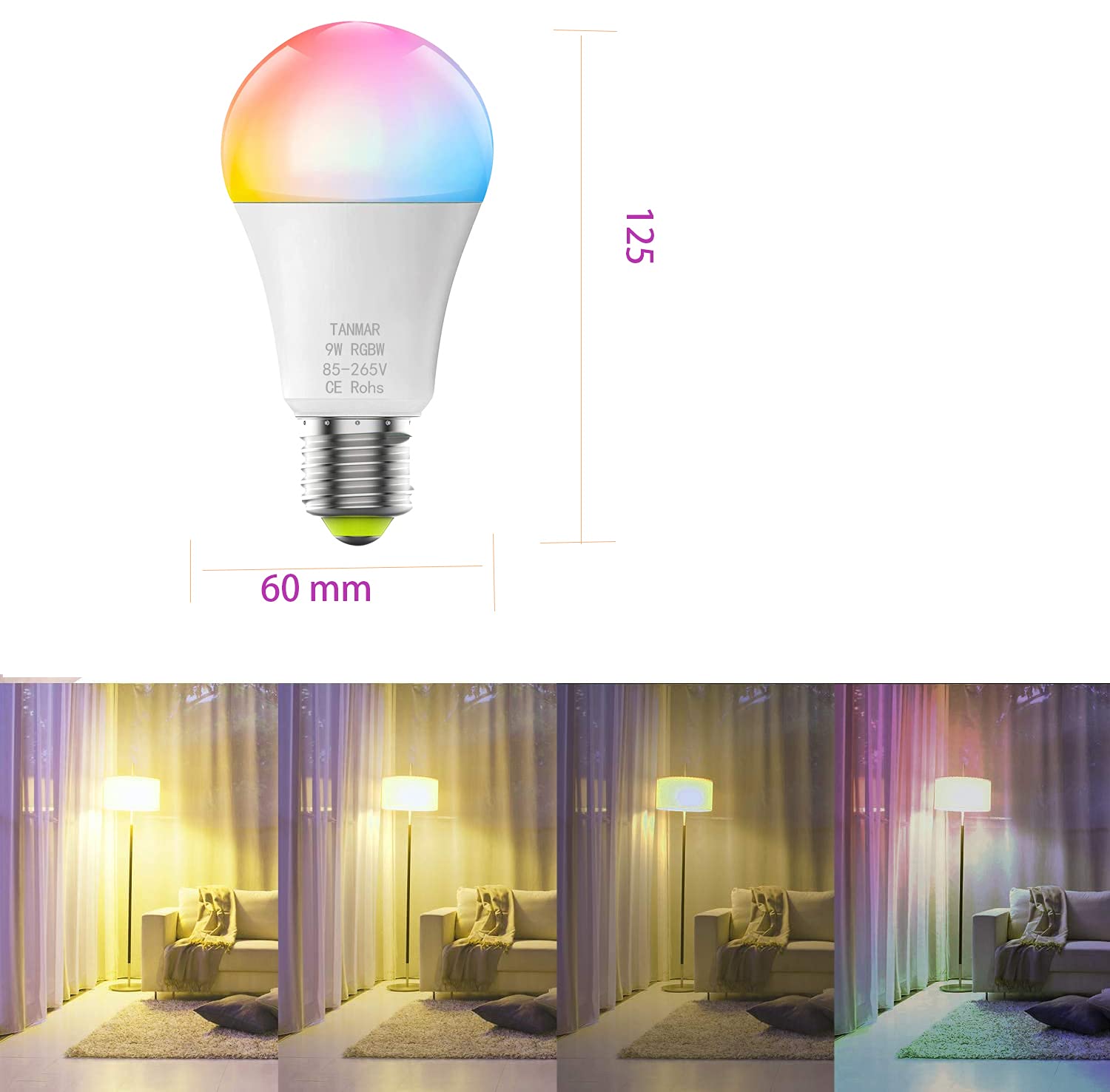 TANMAR Color Changing Light Bulb,Smart Bulb [2 Pack], E26/E27 9W (85-265V) RGBW LED