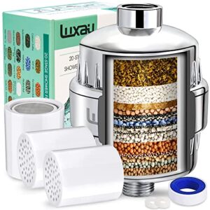 luxau 20 stage shower filter w/ 3 cartridge, shower head filter, reduce well hard water chlorine heavy metal & impurity, improve skin hair, fit most handheld showerhead fixed rainfall, chrome