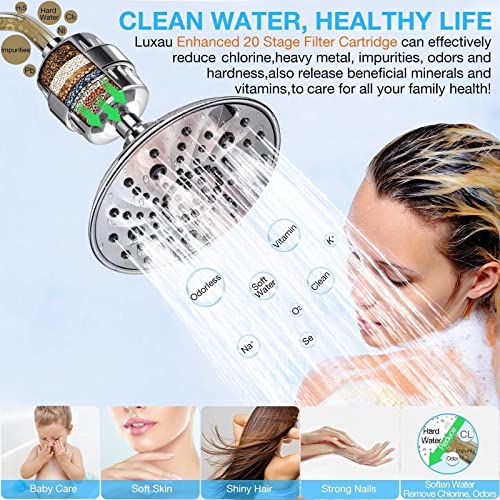 Luxau 20 Stage Shower Filter w/ 3 Cartridge, Shower Head Filter, Reduce Well Hard Water Chlorine Heavy Metal & Impurity, Improve Skin Hair, Fit Most Handheld Showerhead Fixed Rainfall, Chrome