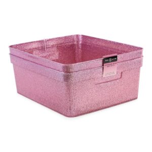 isaac jacobs medium glitter storage bin (14” x 11.5” x 5.5”) set w/cut-out handles, plastic organizer, multi-functional, home storage solution, kids playroom, bedroom, closet (2, pink)