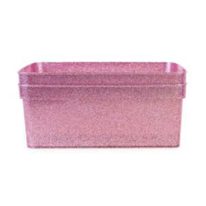 Isaac Jacobs Medium Glitter Storage Bin (14” x 11.5” x 5.5”) Set w/Cut-Out Handles, Plastic Organizer, Multi-Functional, Home Storage Solution, Kids Playroom, Bedroom, Closet (2, Pink)