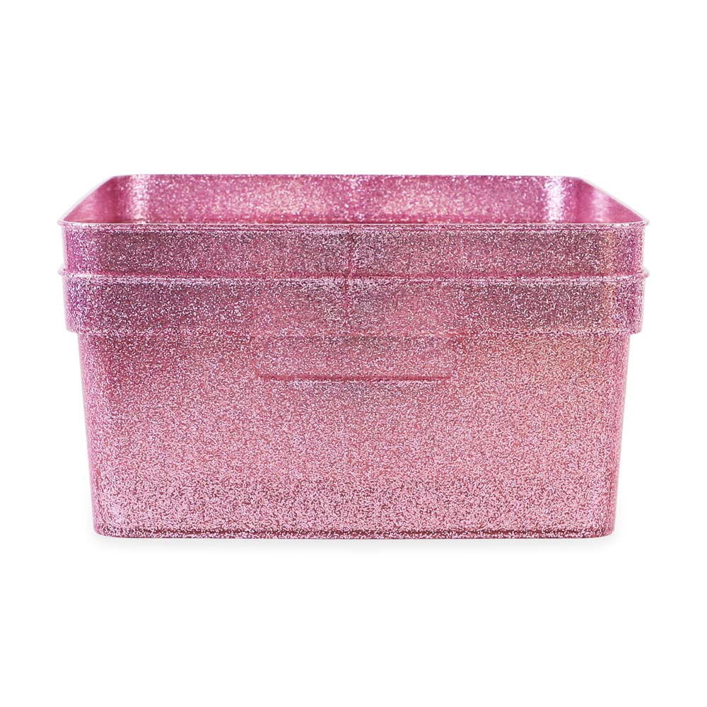 Isaac Jacobs Medium Glitter Storage Bin (14” x 11.5” x 5.5”) Set w/Cut-Out Handles, Plastic Organizer, Multi-Functional, Home Storage Solution, Kids Playroom, Bedroom, Closet (2, Pink)