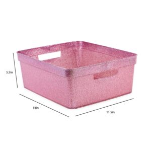 Isaac Jacobs Medium Glitter Storage Bin (14” x 11.5” x 5.5”) Set w/Cut-Out Handles, Plastic Organizer, Multi-Functional, Home Storage Solution, Kids Playroom, Bedroom, Closet (2, Pink)