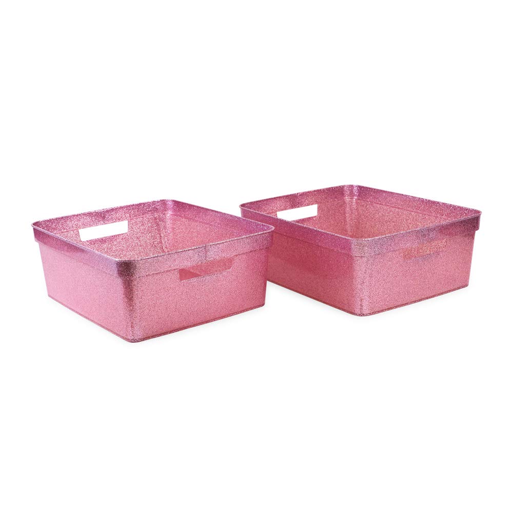 Isaac Jacobs Medium Glitter Storage Bin (14” x 11.5” x 5.5”) Set w/Cut-Out Handles, Plastic Organizer, Multi-Functional, Home Storage Solution, Kids Playroom, Bedroom, Closet (2, Pink)