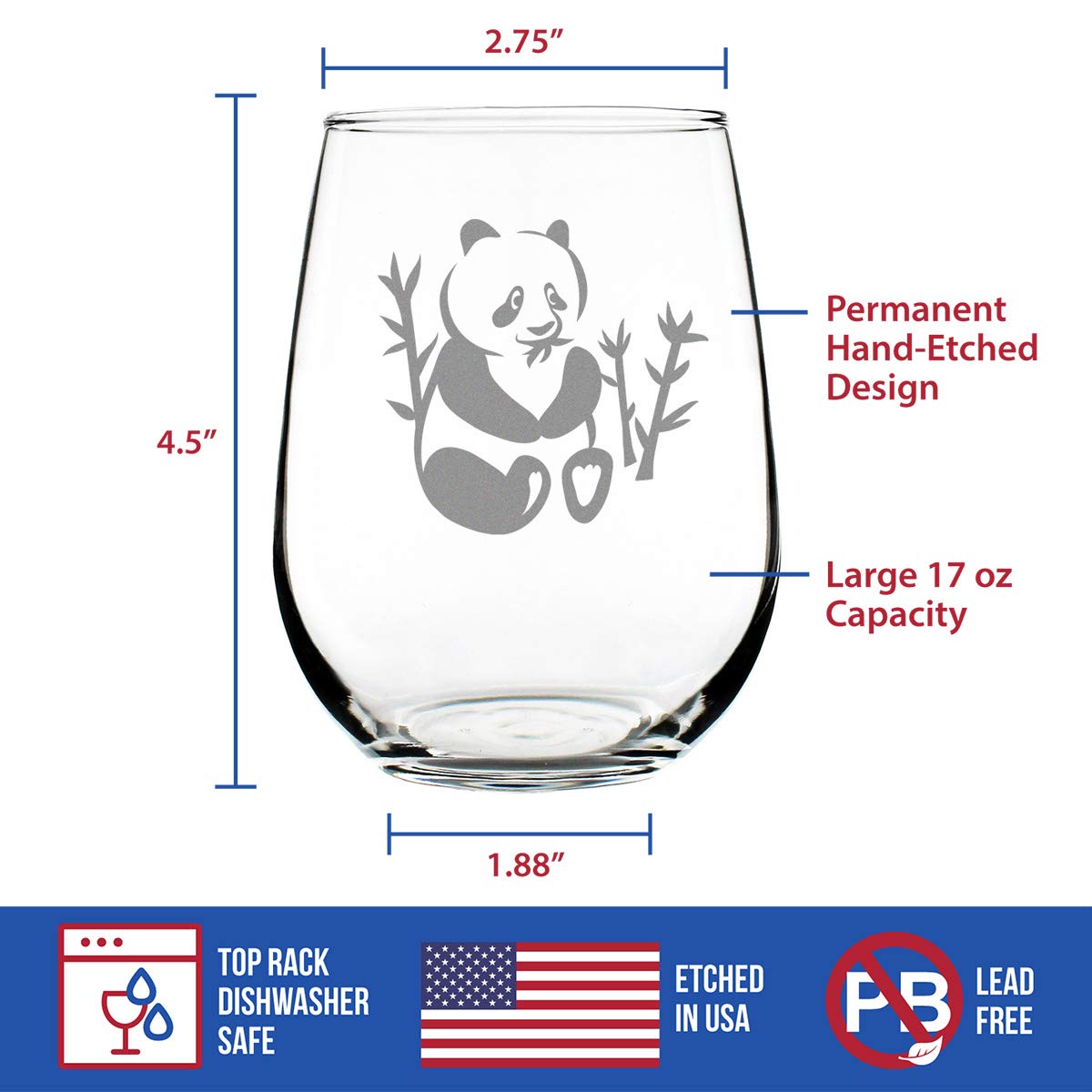 Panda Stemless Wine Glass - Cute Panda Themed Decor and Gifts for Panda Bears - Large 17 Oz Glasses