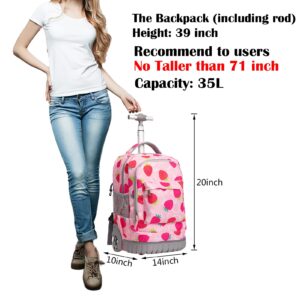 BAMIFEI 18 inches Wheeled Rolling Backpack Multi-Compartment College Books Laptop Bag Business Trip Carry-on, Strawberry