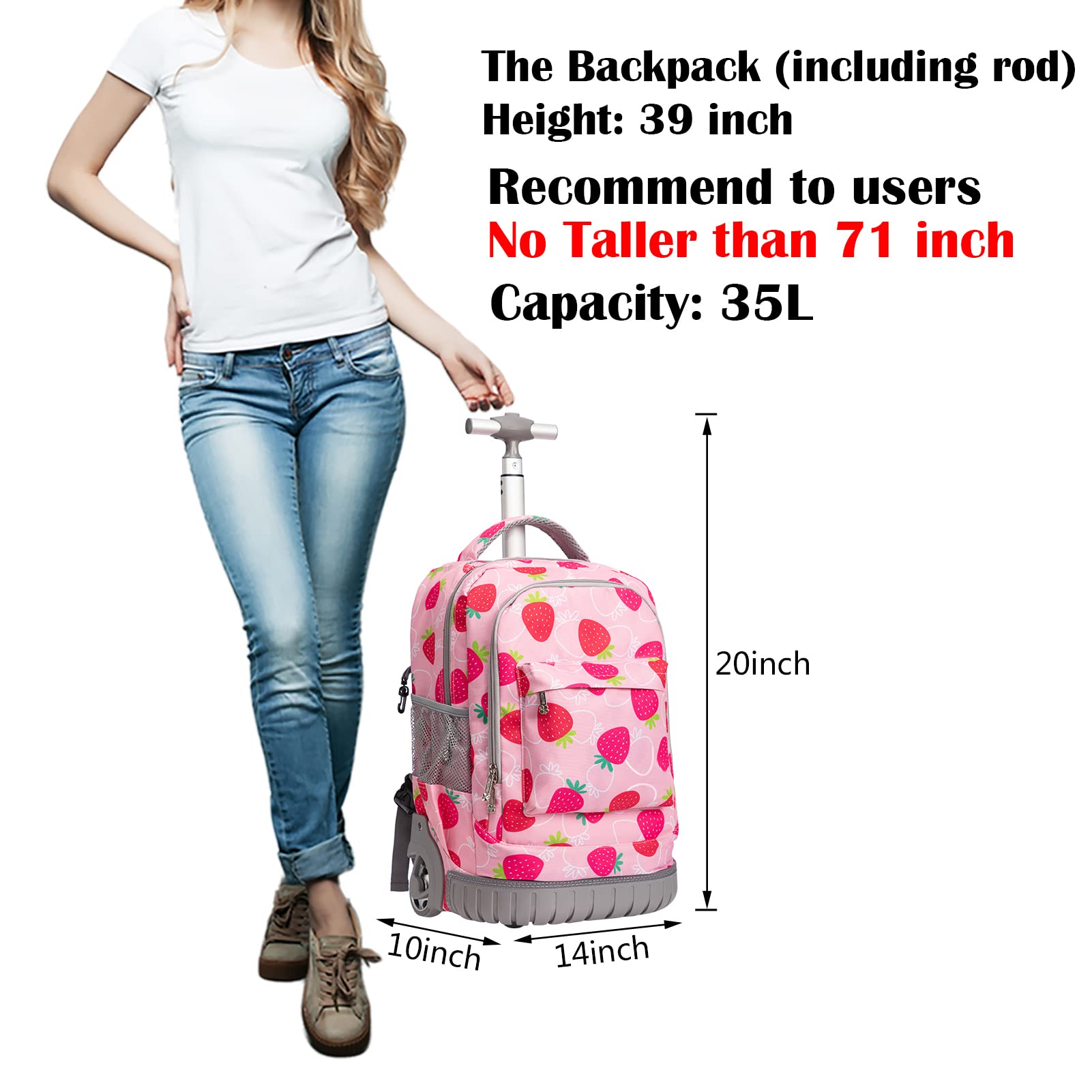 BAMIFEI 18 inches Wheeled Rolling Backpack Multi-Compartment College Books Laptop Bag Business Trip Carry-on, Strawberry