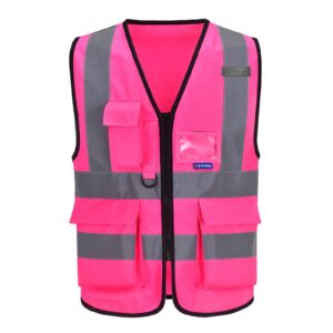 a-safety pink high visibility vest,reflective safety vest workwear 7 pockets hi vis durable vest with reflective tapes 4 lower pockets,small