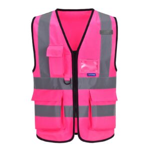 A-SAFETY Pink High Visibility Vest,Reflective Safety Vest Workwear 7 Pockets Hi Vis Durable Vest with Reflective Tapes 4 Lower Pockets,Small