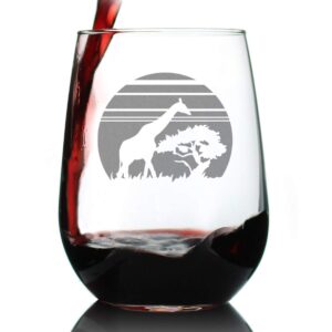 giraffe sunset stemless wine glass - fun safari themed decor and gifts for lovers of african wild animals - large 17 oz glasses