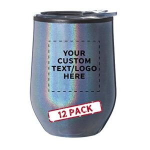 custom palmera stemless wine tumblers with lids 12 oz. set of 12, personalized bulk pack - perfect for wine, cocktails, other hot & cold beverages - iridescent blue