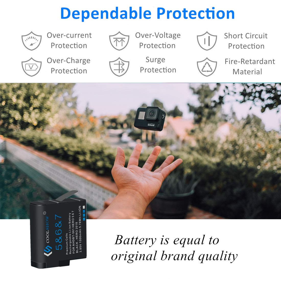 COOLSHOW Hero 7 Battery 1500mAh Replacement 2 Packs Compatible with GoPro Hero 7 Black,Hero 6 Black,Hero 5 Black,Hero(2018),AHBBP-501