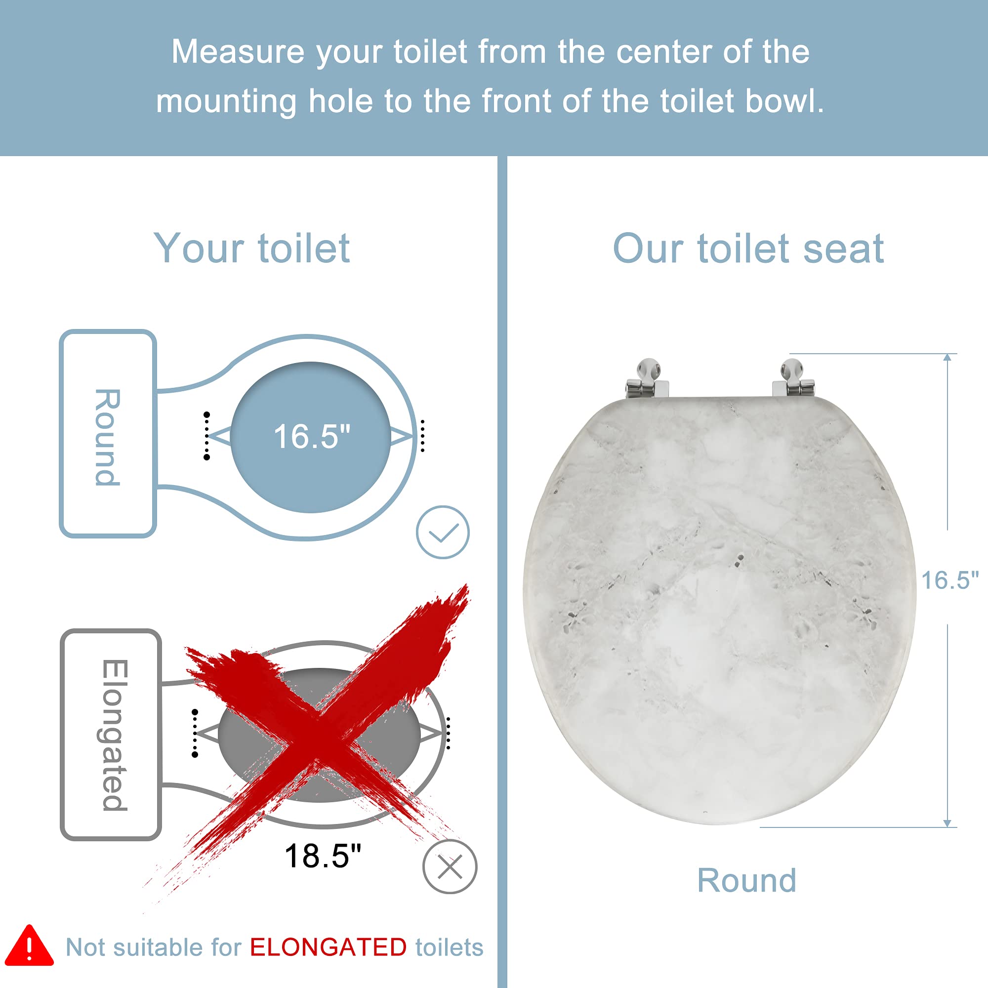 Round Marble Toilet Seat Natural Wood Toilet Seat with Zinc Alloy Hinges, Easy to Install also Easy to Clean, Anti-pinch Wooden Toilet Seat by Angol Shiold (Round, Gray)