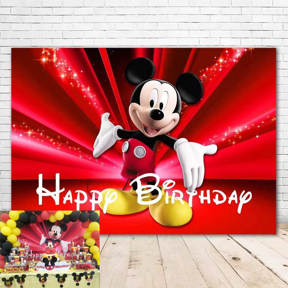 VV Backdrop Happy Birthday Mickey Mouse Theme 7x5 Vintage Black and Red Background for Kids First Birthday Vinyl Sparkly Backgroundsfor Party