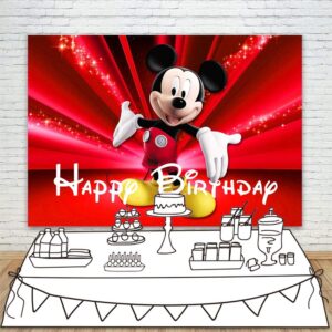 VV Backdrop Happy Birthday Mickey Mouse Theme 7x5 Vintage Black and Red Background for Kids First Birthday Vinyl Sparkly Backgroundsfor Party