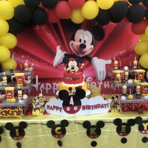 VV Backdrop Happy Birthday Mickey Mouse Theme 7x5 Vintage Black and Red Background for Kids First Birthday Vinyl Sparkly Backgroundsfor Party