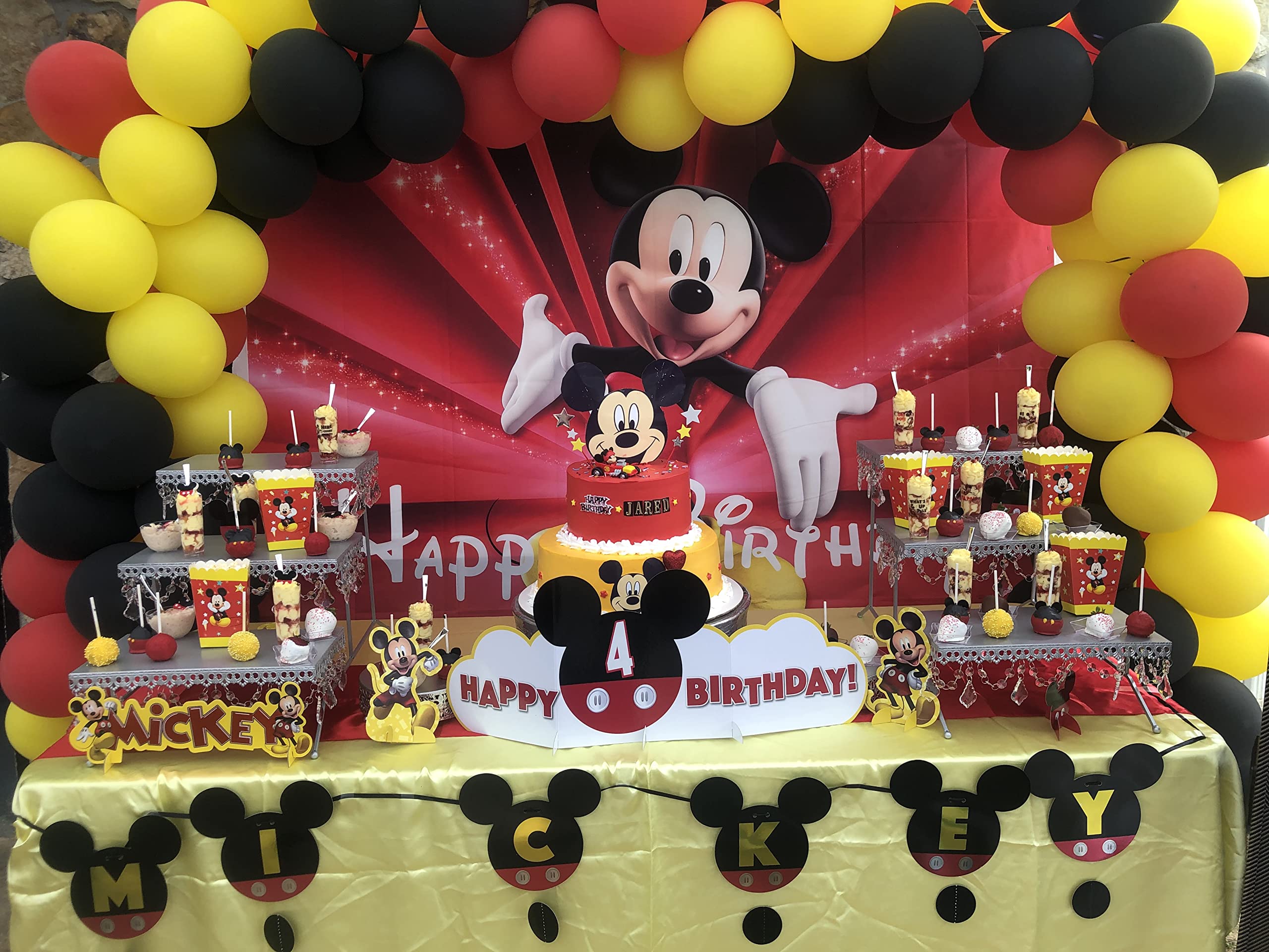 VV Backdrop Happy Birthday Mickey Mouse Theme 7x5 Vintage Black and Red Background for Kids First Birthday Vinyl Sparkly Backgroundsfor Party