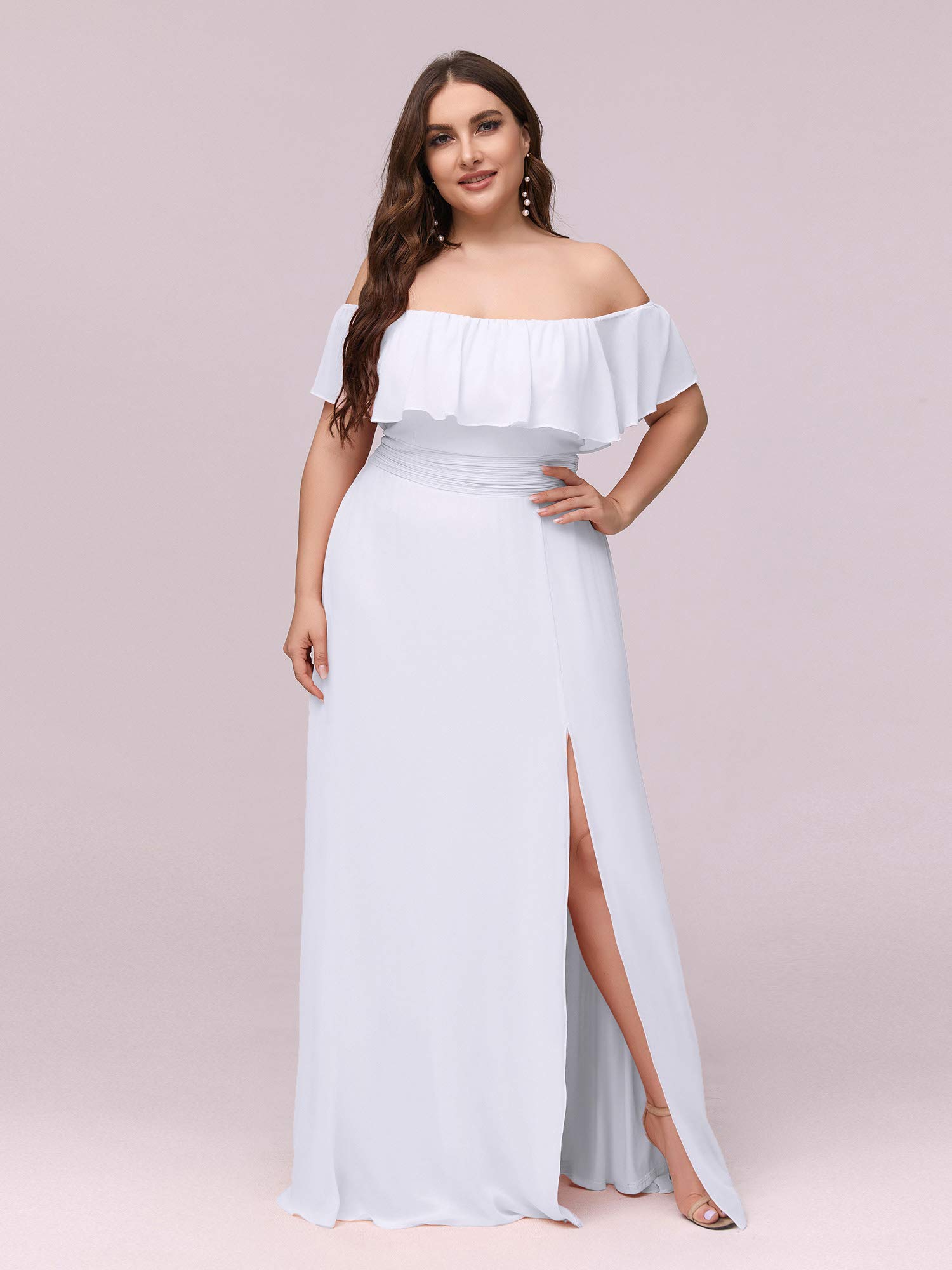 Ever-Pretty Women's Off Shoulder Ruffle Sleeves Side Split Chiffon Plus Size Semi Formal Dresses for Women White US24